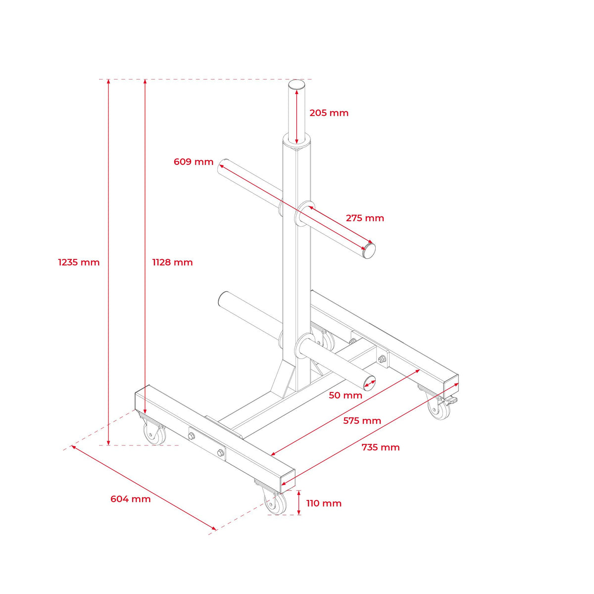 Hantelscheibenständer 50 mm Maße: 404 mm x 735 mm x 1235 mm (L/B/H)